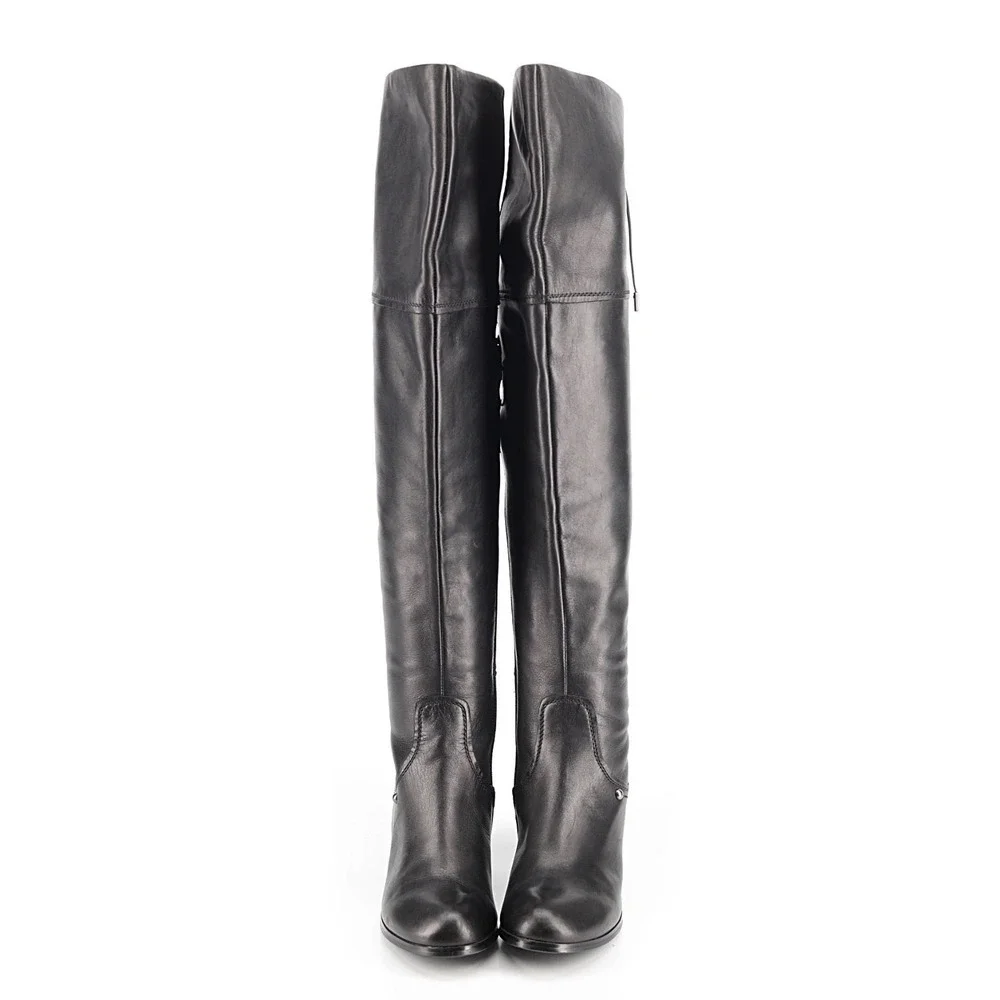 Black Leather Over The Knee Boots Lace Up Back Block Heel Tall Thigh High Boots